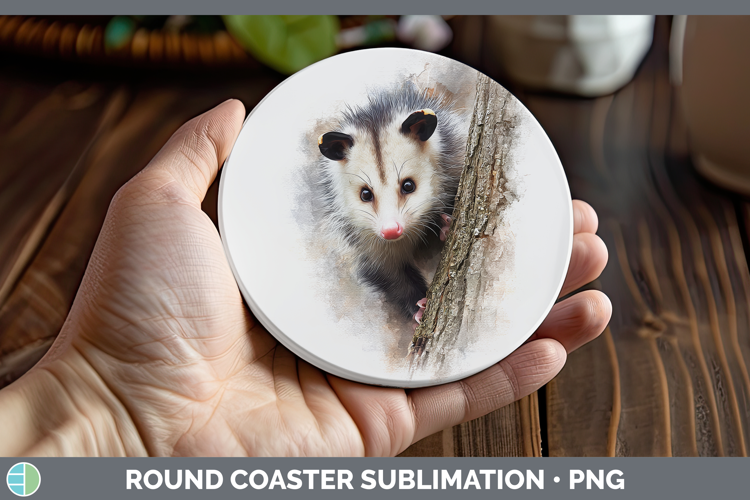 Opossum Woodland Tree Peek Round Coaster Sublimation Design