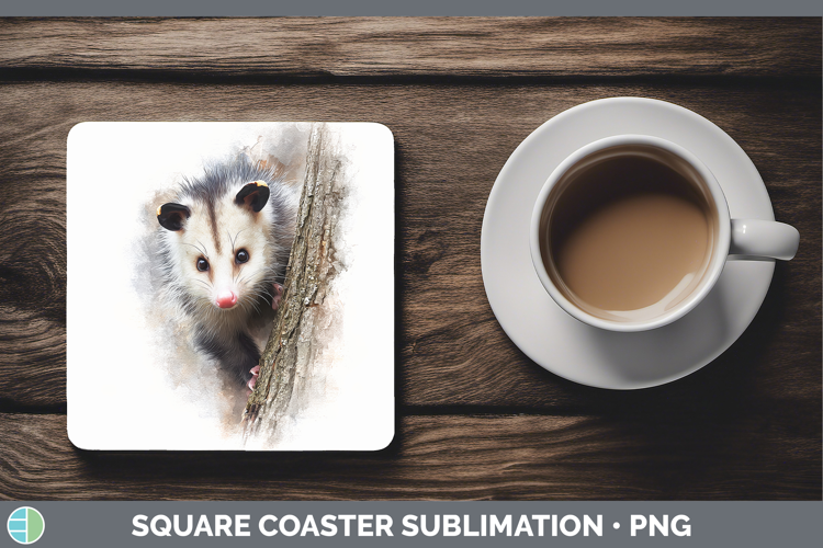 Opossum Woodland Tree Peek Square Coaster Sublimation Design