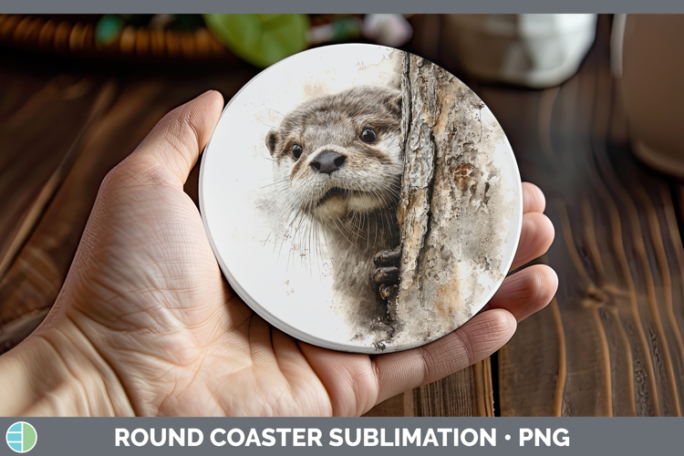 Otter Woodland Tree Peek Round Coaster Sublimation Design