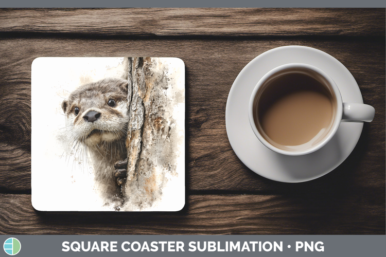 Otter Woodland Tree Peek Square Coaster Sublimation Design