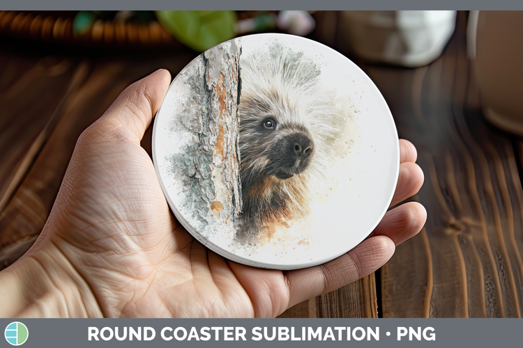 Porcupine Woodland Tree Peek Round Coaster Sublimation Desig