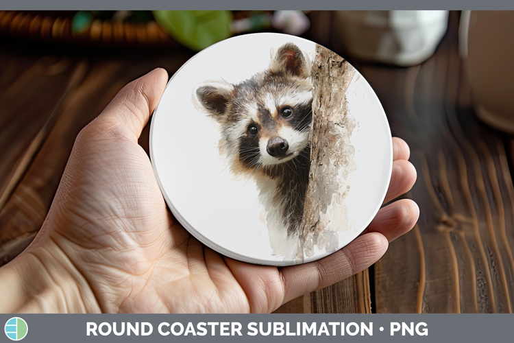 Raccoon Woodland Tree Peek Round Coaster Sublimation Design