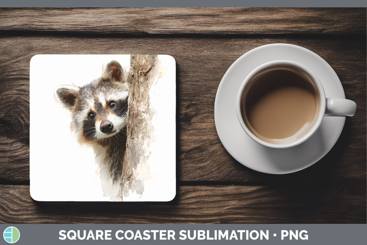Raccoon Woodland Tree Peek Square Coaster Sublimation Design