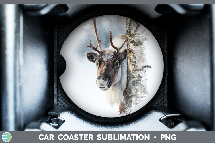 Reindeer Woodland Tree Peek Car Coaster Sublimation Design