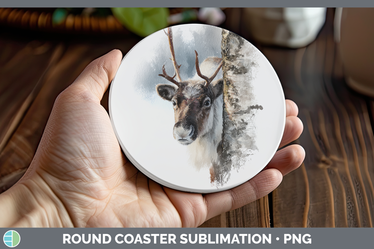 Reindeer Woodland Tree Peek Round Coaster Sublimation Design