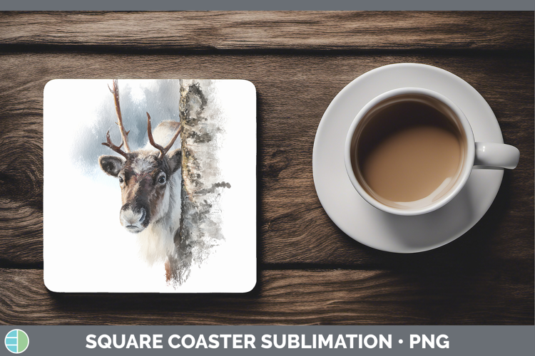 Reindeer Woodland Tree Peek Square Coaster Sublimation Desig
