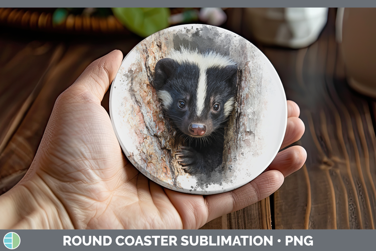 Skunk Woodland Tree Peek Round Coaster Sublimation Design