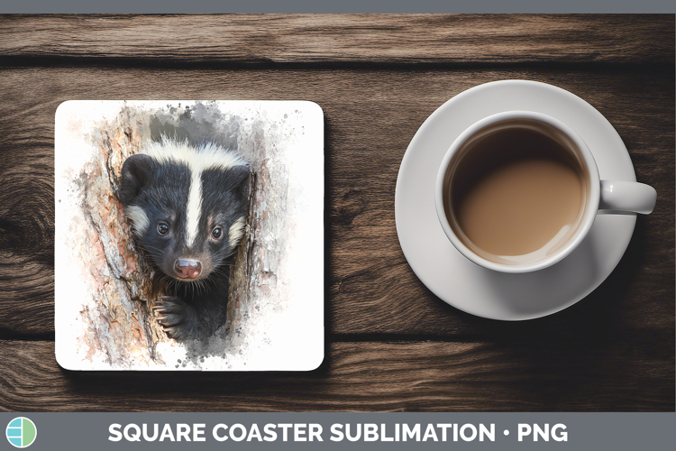 Skunk Woodland Tree Peek Square Coaster Sublimation Design