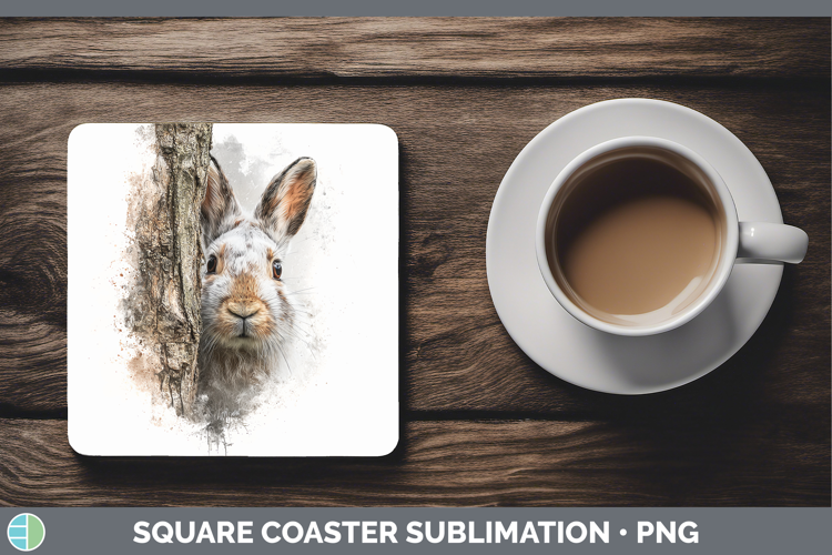 Snowshoe Hare Woodland Tree Peek Square Coaster Sublimation