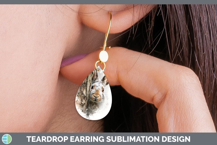 Snowshoe Hare Woodland Tree Peek Teardrop Earrings Sublimati