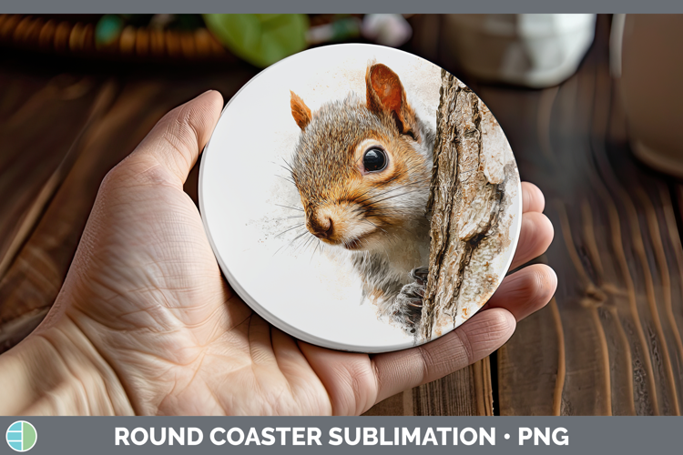 Squirrel Woodland Tree Peek Round Coaster Sublimation Design