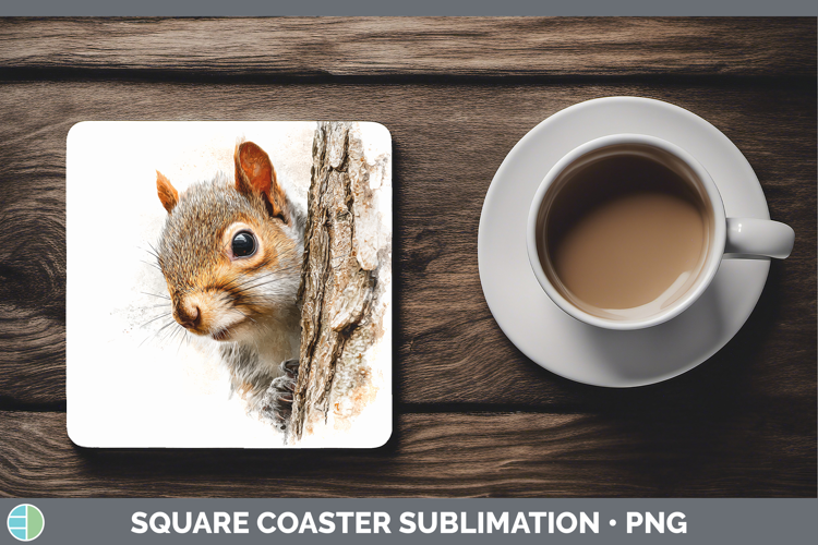 Squirrel Woodland Tree Peek Square Coaster Sublimation Desig