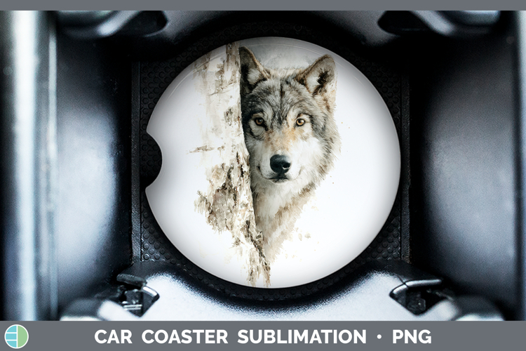 Wolf Woodland Tree Peek Car Coaster Sublimation Design