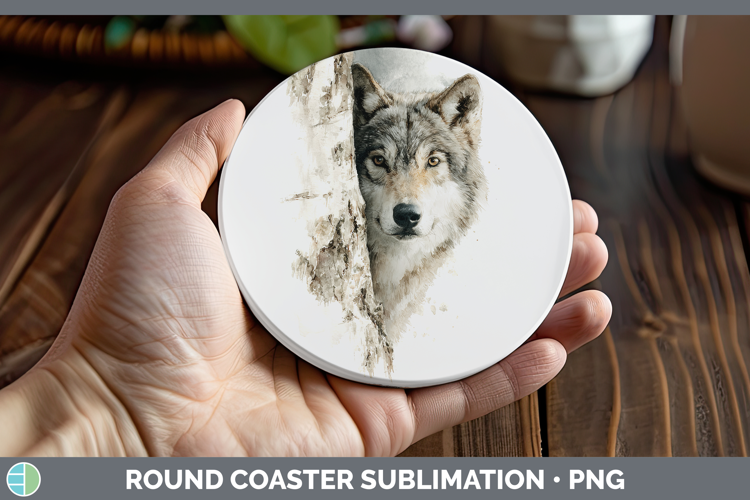 Wolf Woodland Tree Peek Round Coaster Sublimation Design