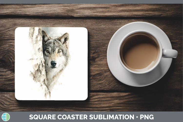 Wolf Woodland Tree Peek Square Coaster Sublimation Design