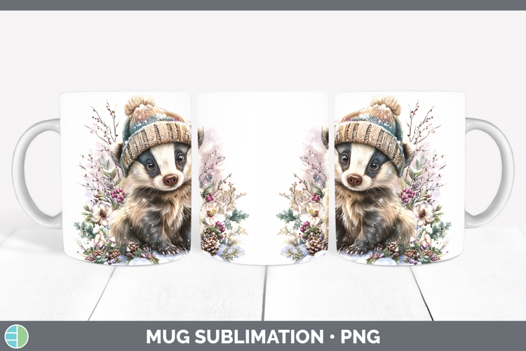Badger Woodland Winter Knit Hat Mug Wrap Sublimation Design