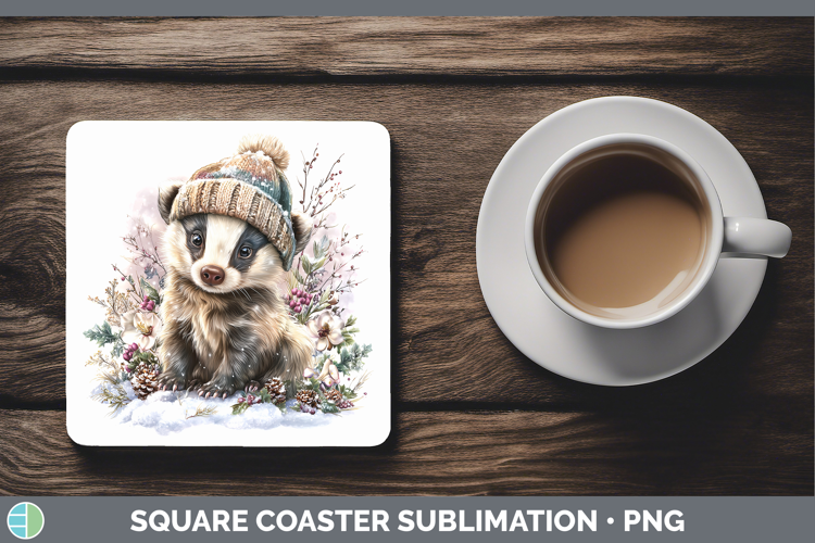 Badger Woodland Winter Knit Hat Square Coaster Sublimation D