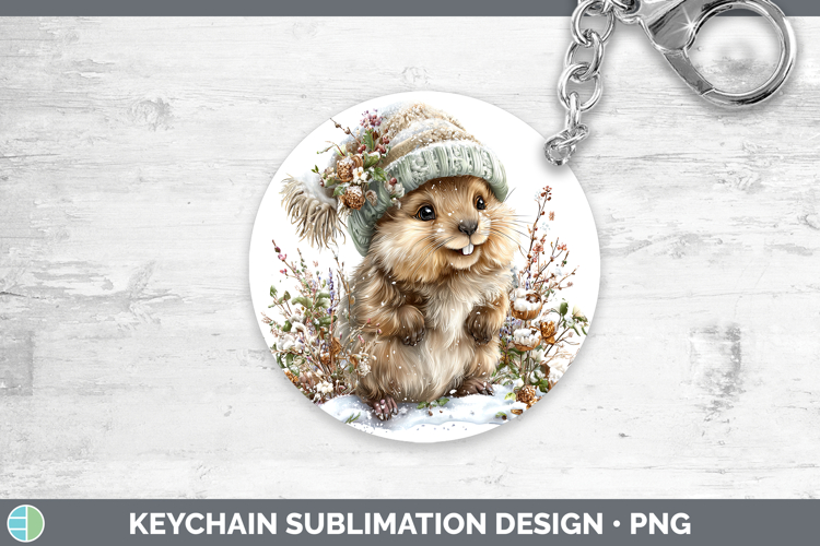 Beaver Woodland Winter Knit Hat Keychain Sublimation Design