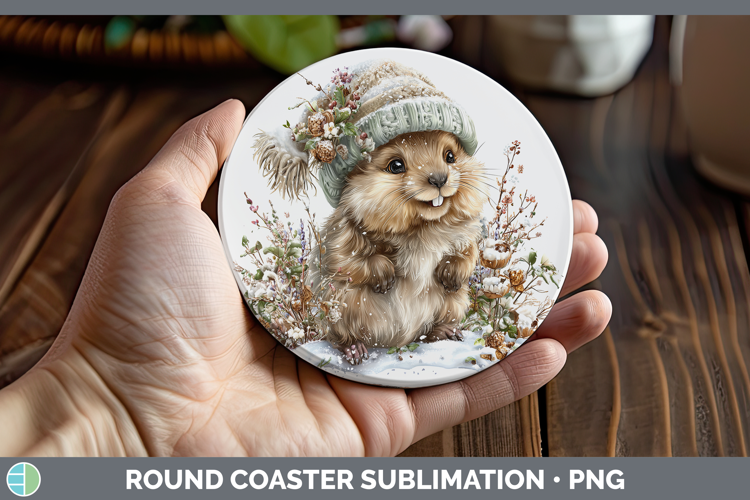Beaver Woodland Winter Knit Hat Round Coaster Sublimation De