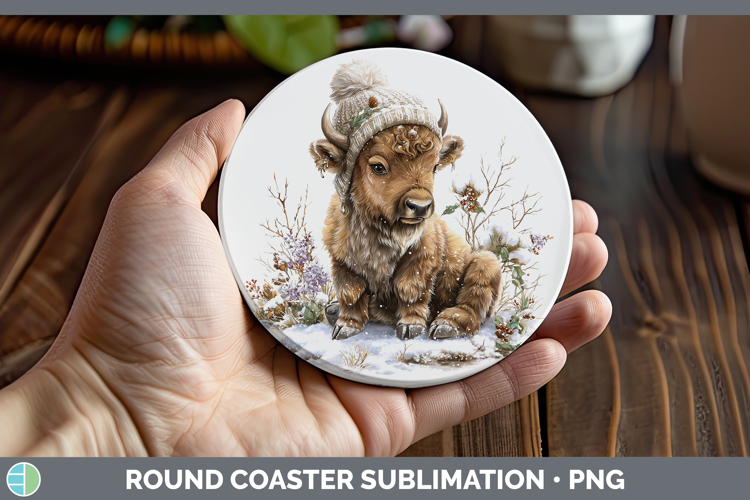 Bison Woodland Winter Knit Hat Round Coaster Sublimation Des