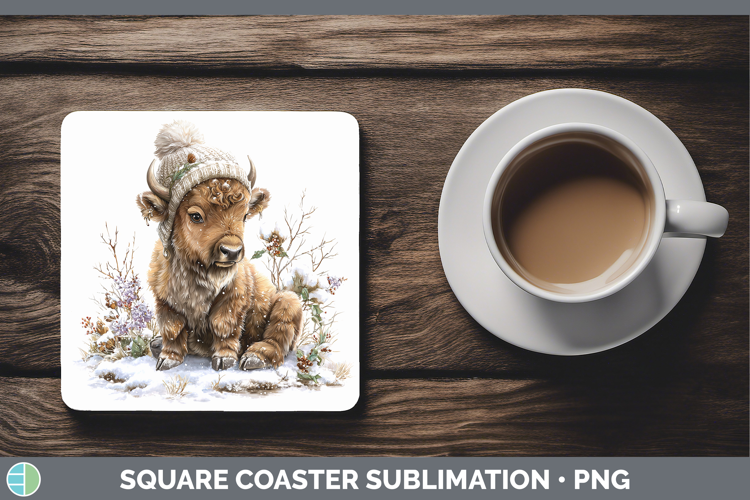 Bison Woodland Winter Knit Hat Square Coaster Sublimation De