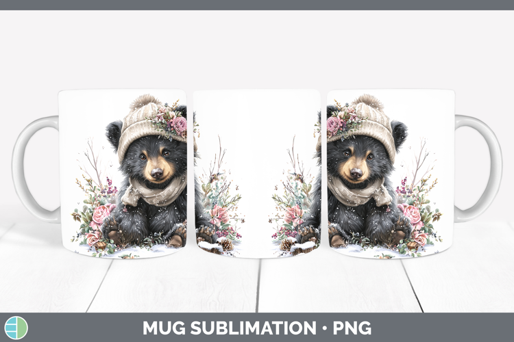 Black Bear Woodland Winter Knit Hat Mug Wrap Sublimation Des