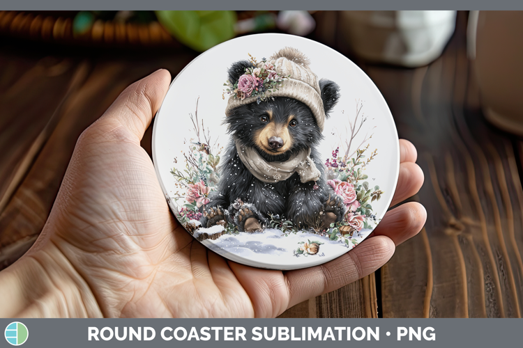 Black Bear Woodland Winter Knit Hat Round Coaster Sublimatio