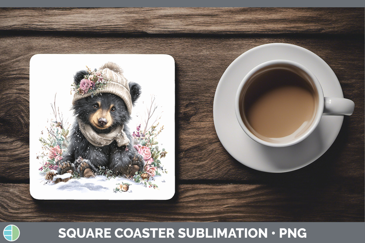 Black Bear Woodland Winter Knit Hat Square Coaster Sublimati