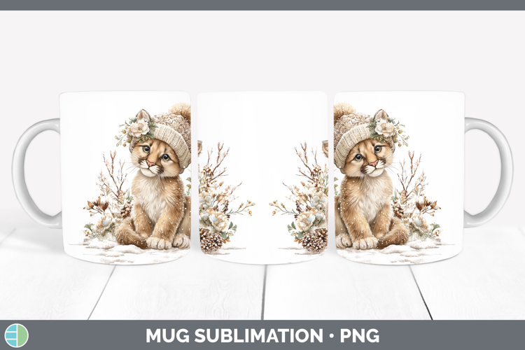 Cougar Woodland Winter Knit Hat Mug Wrap Sublimation Design