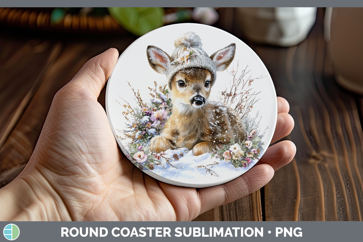 Deer Woodland Winter Knit Hat Round Coaster Sublimation Desi