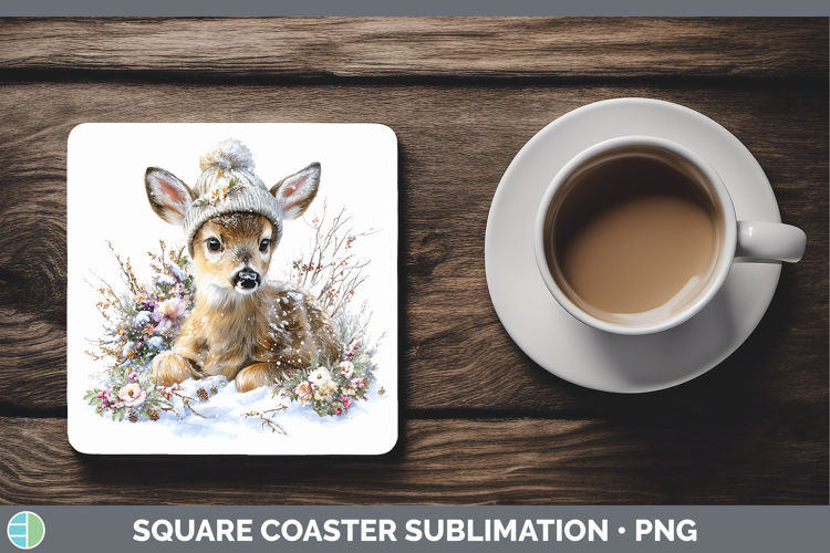Deer Woodland Winter Knit Hat Square Coaster Sublimation Des