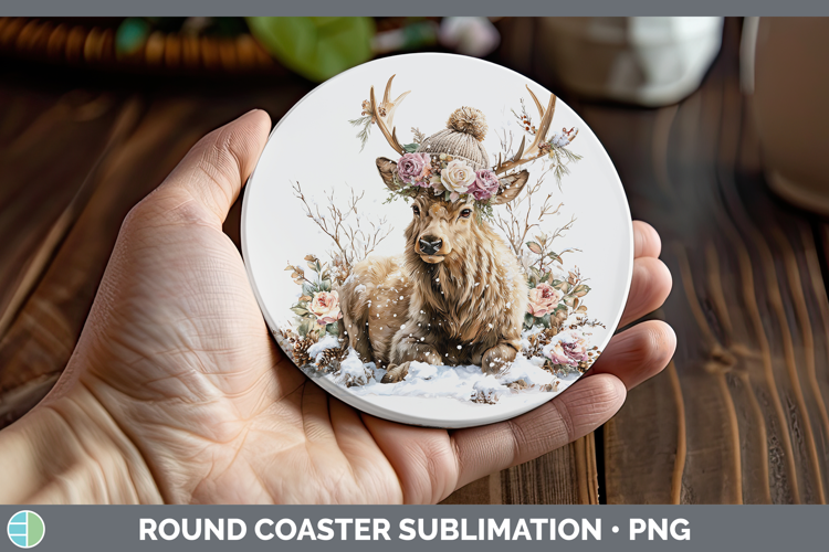 Elk Woodland Winter Knit Hat Round Coaster Sublimation Desig