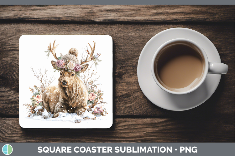 Elk Woodland Winter Knit Hat Square Coaster Sublimation Desi