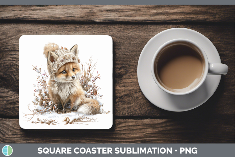 Fox Woodland Winter Knit Hat Square Coaster Sublimation Desi