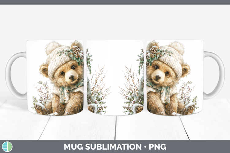 Grizzly Bear Woodland Winter Knit Hat Mug Wrap Sublimation D