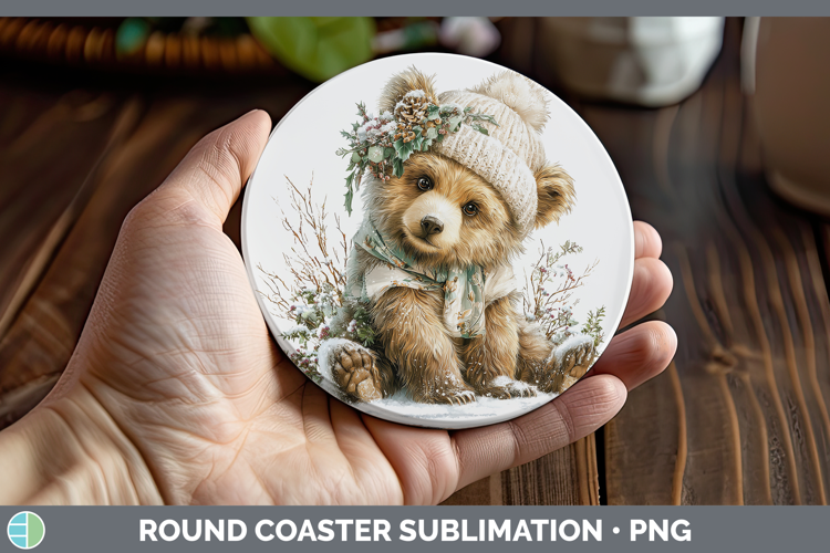 Grizzly Bear Woodland Winter Knit Hat Round Coaster Sublimat