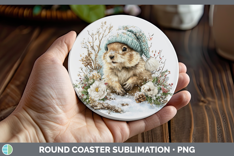 Groundhog Woodland Winter Knit Hat Round Coaster Sublimation