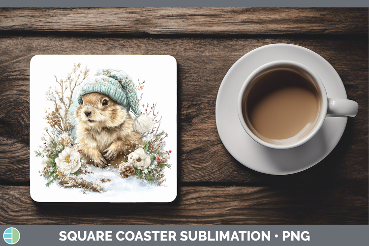Groundhog Woodland Winter Knit Hat Square Coaster Sublimatio
