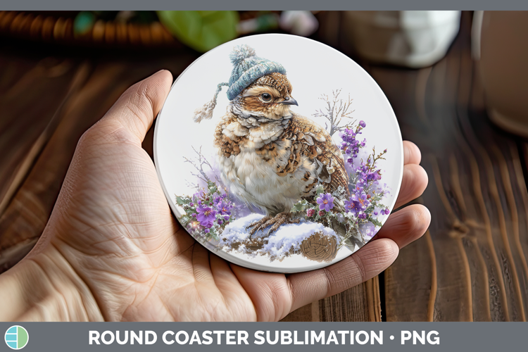 Grouse Woodland Winter Knit Hat Round Coaster Sublimation De
