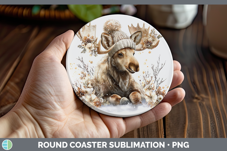 Moose Woodland Winter Knit Hat Round Coaster Sublimation Des