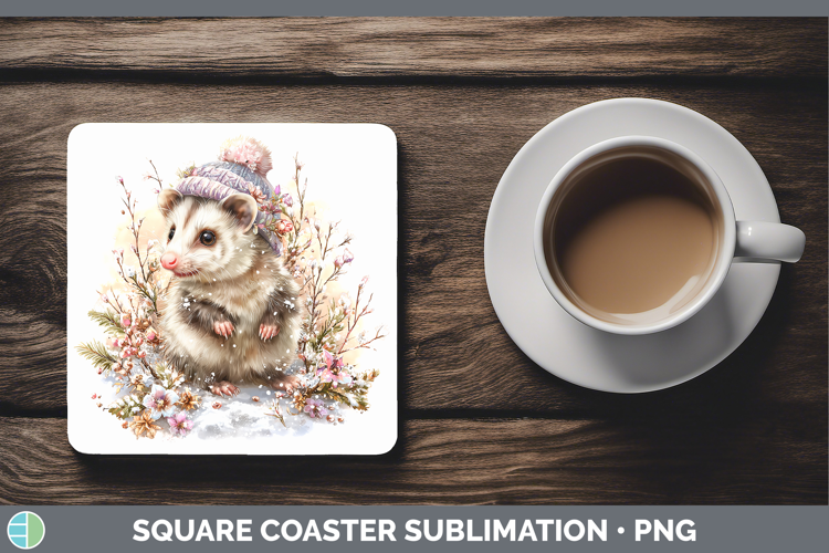 Opossum Woodland Winter Knit Hat Square Coaster Sublimation