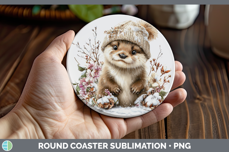 Otter Woodland Winter Knit Hat Round Coaster Sublimation Des