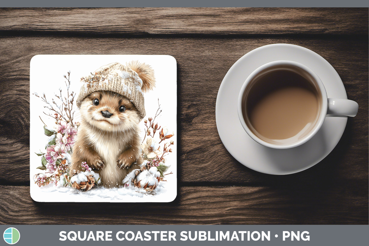 Otter Woodland Winter Knit Hat Square Coaster Sublimation De