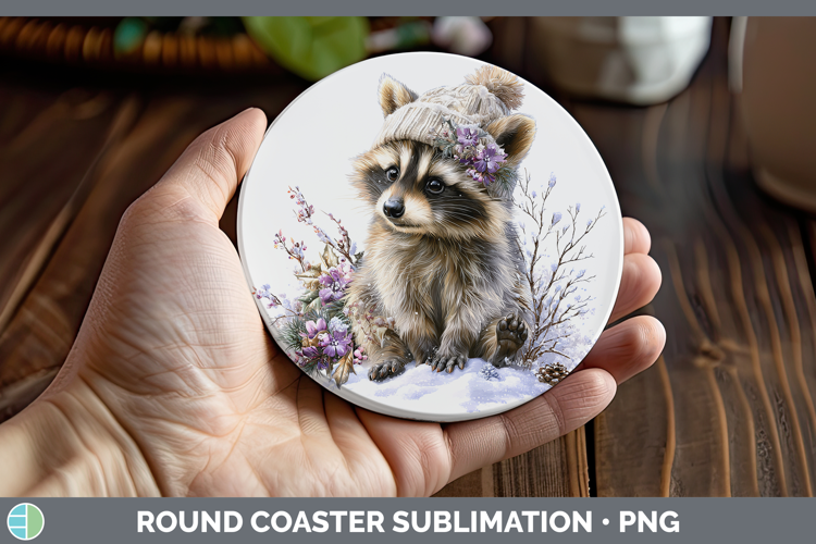Raccoon Woodland Winter Knit Hat Round Coaster Sublimation D