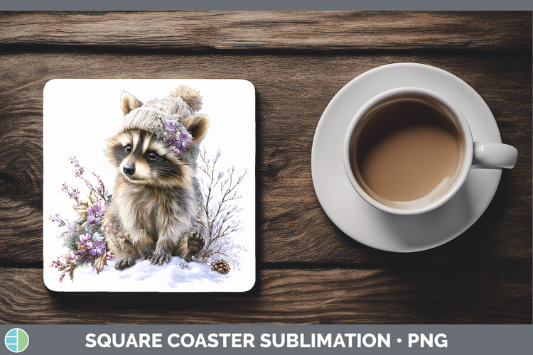 Raccoon Woodland Winter Knit Hat Square Coaster Sublimation