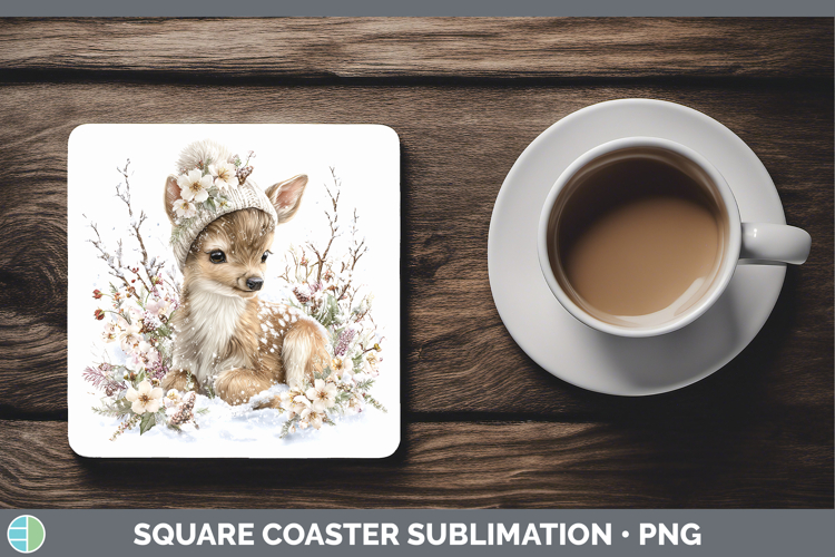 Reindeer Woodland Winter Knit Hat Square Coaster Sublimation