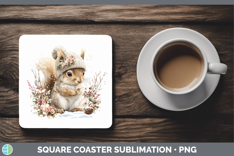 Squirrel Woodland Winter Knit Hat Square Coaster Sublimation