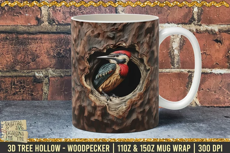 3D Tree Hollow - Woodpecker Mug Wrap 11oz 15oz Template