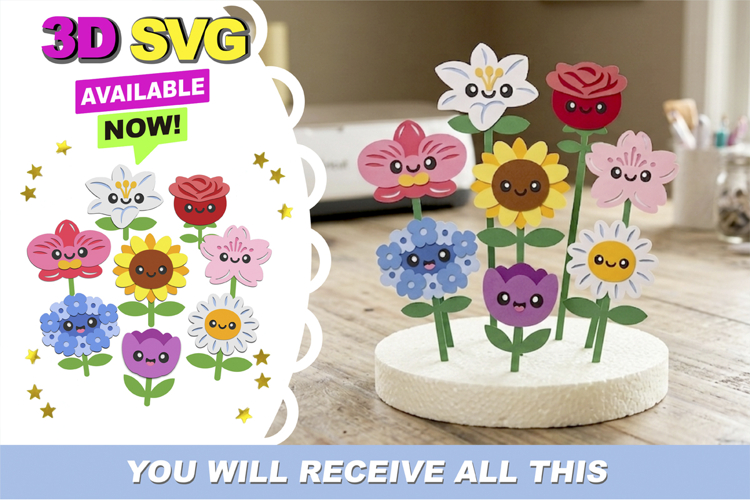 Garden Flowers Kawaii 3D SVG