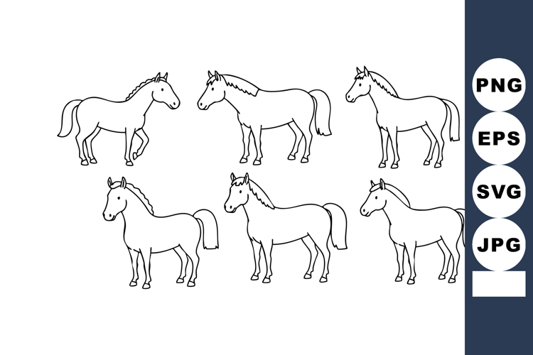 Horse outline vector set with six simple horse drawings in b